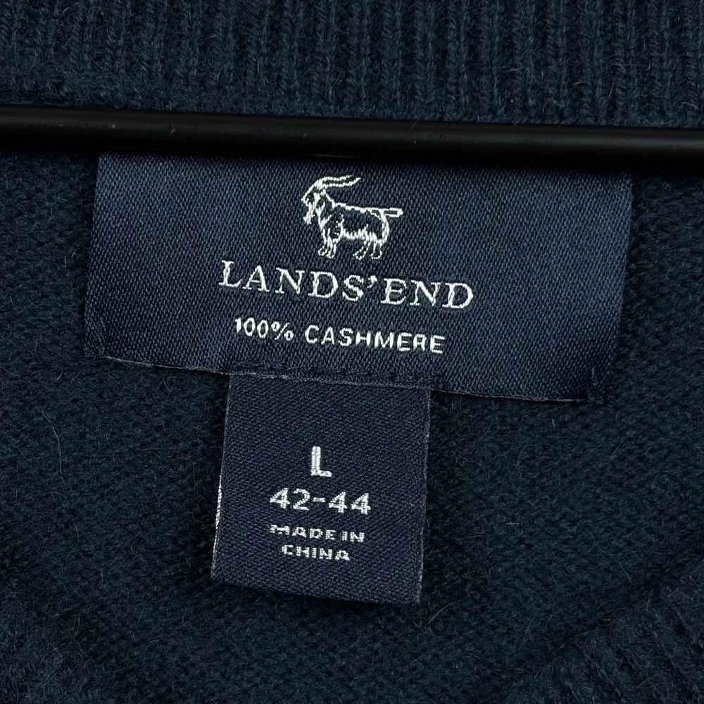 Lands End Sweater Mens Large Navy Blue 100% Cashmere V Neck Pullover Cozy Soft